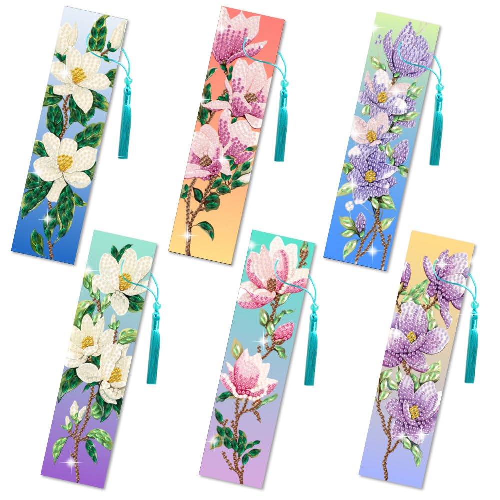 beinkmake 6Pcs Magnolia 5D Diamond Art Bookmarks Flowers Diamond DIY Painting Bookmarks Rhinestones Beaded Acrylic Tassel Bookmark for Adult Beginner Crafts