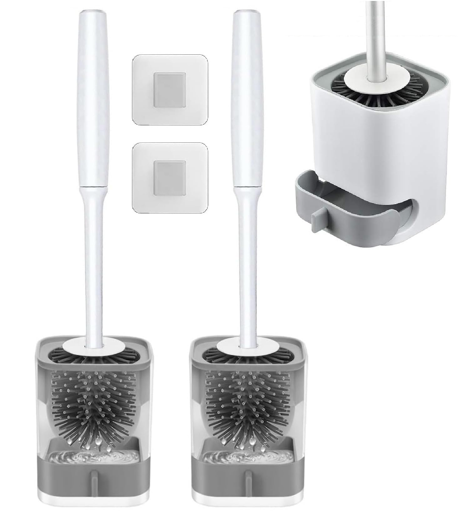 Pack of 2 Silicone Toilet Brush with Holder Stand, Bathroom Toilets Bowl Cleaning Brush with Non-Slip Long Handle Floor Standing Holder & Wall Mounted Without Drilling Quick Drying Holder Set