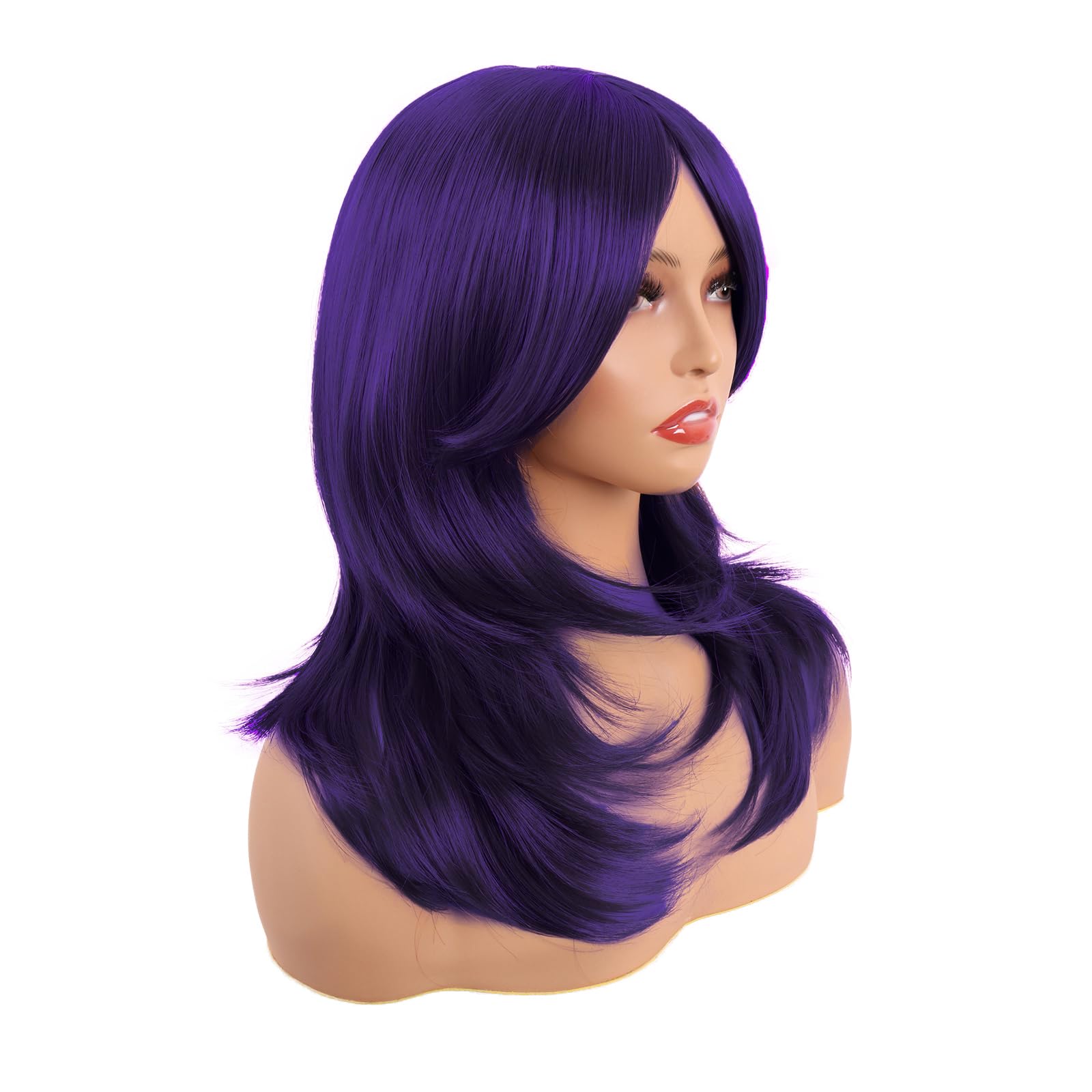 MapofBeauty 20 Inch/50 cm Long Layered With Bangs Straight Synthetic fiber Shoulder Length Hair for Daily Use or Party Wig (Dark Purple) - Image 2