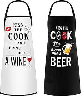 2 Pack Kiss The Cook Apron Couple Gifts for Christmas Aprons Chef Kitchen BBQ Cooking Aprons for Couples Men with Pockets