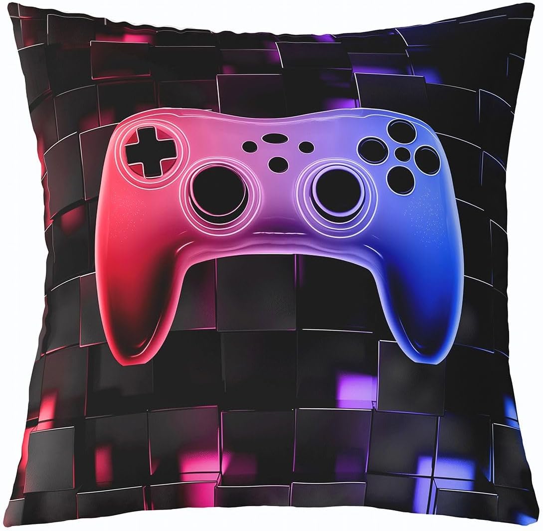 Castle Fairy Gaming Throw Pillow Cover Geometric Grid Cushion Case Red Blue Gradient Gamepad Pillow Cover for Living Room,Video Game Themed Soft Pillowcases,16x16 Inches