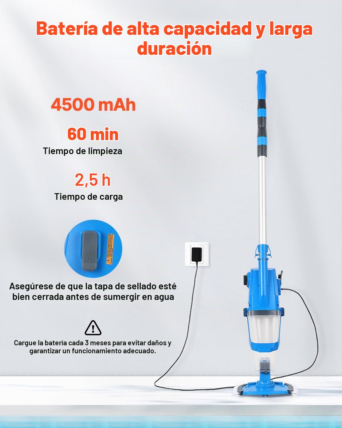 VEVOR Aspiradora de Piscina Recargable, Aspiradora de Mano Inalámbrica de 26 GPM para Jacuzzi con Poste de Extensión, para Limpieza Profunda y Succión Potente, para Piscinas Elevadas o Enterradas