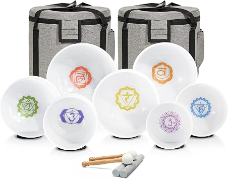 CVNC 432HZ 7-12 Inch Chakra Symbol Design Frosted Quartz Crystal Singing Bowl with 2 PCS Travel Carry Case Bag for Sound Healing