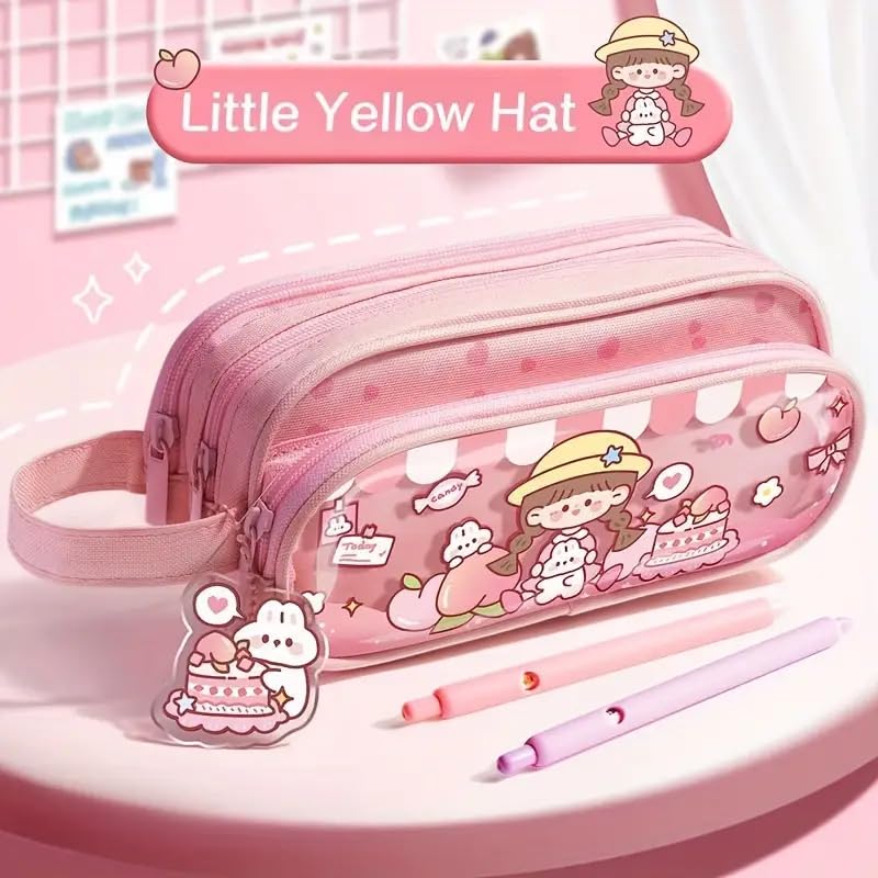 Image of Invite Canvas Large Capacity Transparent Cartoon Print Pencil Case 3 Compartment Cute Aesthetic Pencil Case for Girls Multifunctional Stationery Organizer for School Office (Little Yellow Hat)