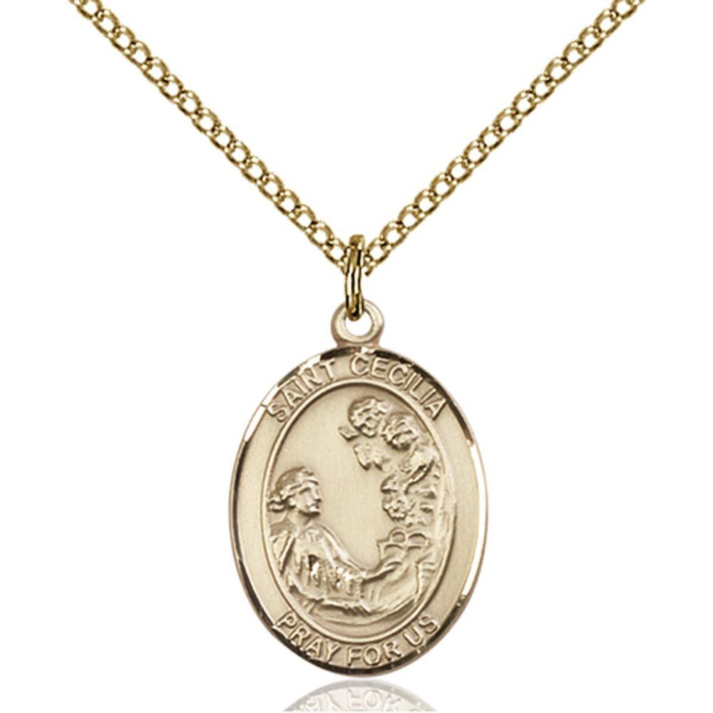 Bonyak Jewelry Saint Medal Collection Gold Filled St. Cecilia Pendant 3/4 x 1/2 inches with Gold Filled Lite Curb Chain