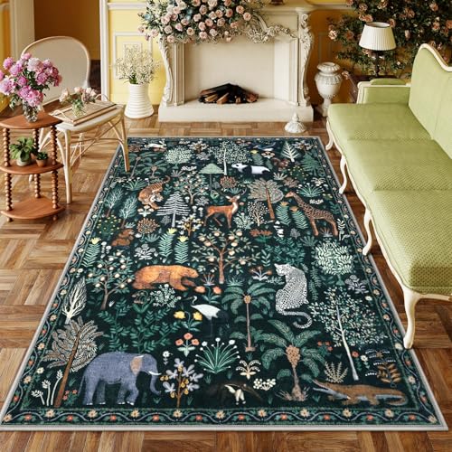 Image of OJIA Jungle Print 5x7 Area Rugs for Living Room, Green Soft Washable Rugs for Bedroom Ultra-Thin Non-Slip Modern Rug, Stain Resistant Nursery Rug Carpet for Kids Playroom Nursery Dining Room