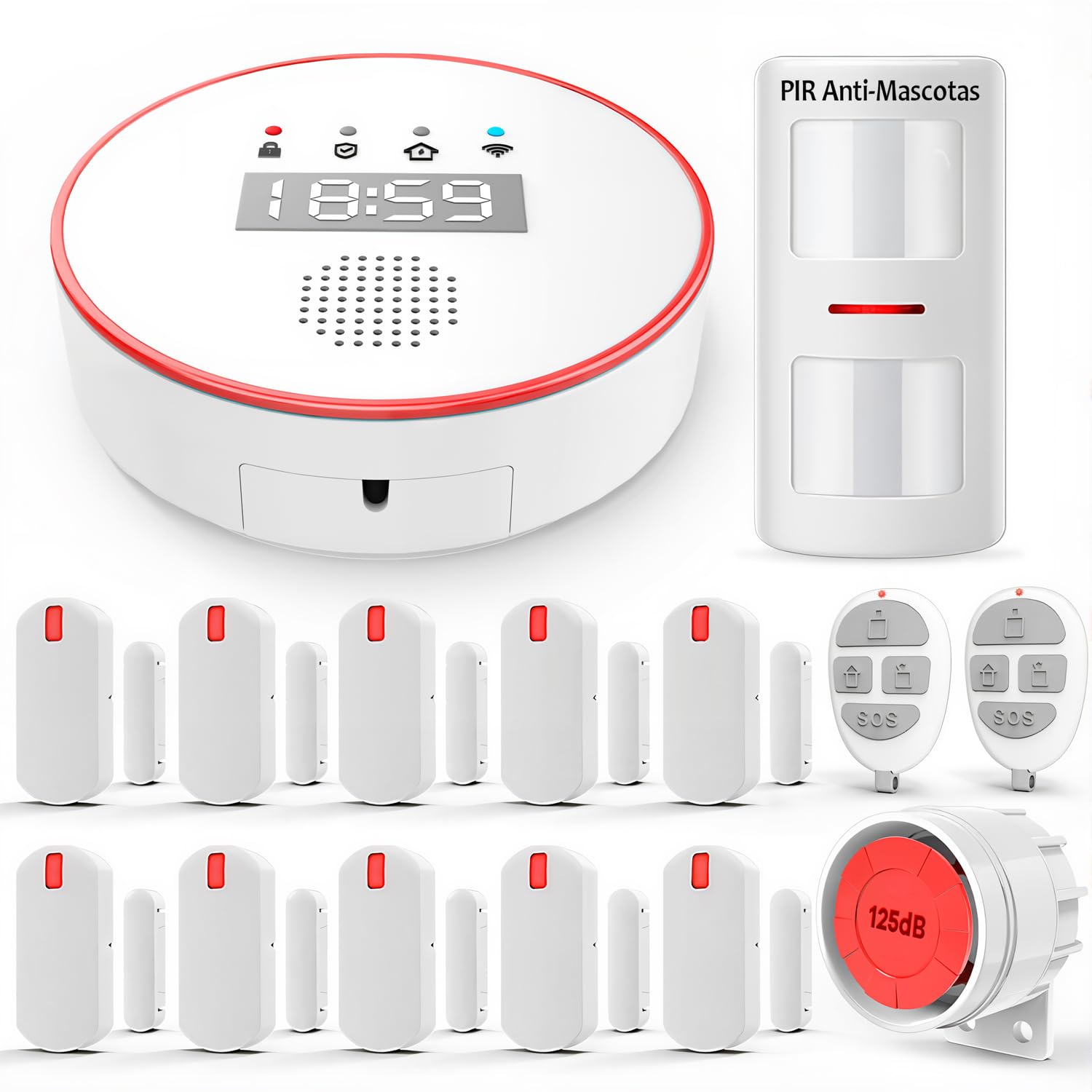 Home Alarm Kit 5 GHz Wi-Fi: with Clock and Free App – Complete 1 Siren 125dB – 1 Anti-Pet PIR – 10 Door/Window Sensors – 2 Controls – 1 Central – Compatible with Alexa and Google Home Global Recycled Standard Global Recycled Standard Global Recycled Standard