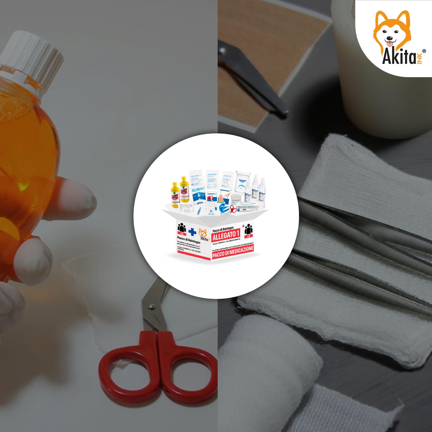 Akitaink Kit di reintegro ALLEGATO 1 SENZA SFIGMOMANOMETRO pacco medicazione per cassetta di pronto soccorso aziendale con un organico di almeno 3 dipendenti, Conforme 388/DL81, Made in Italy