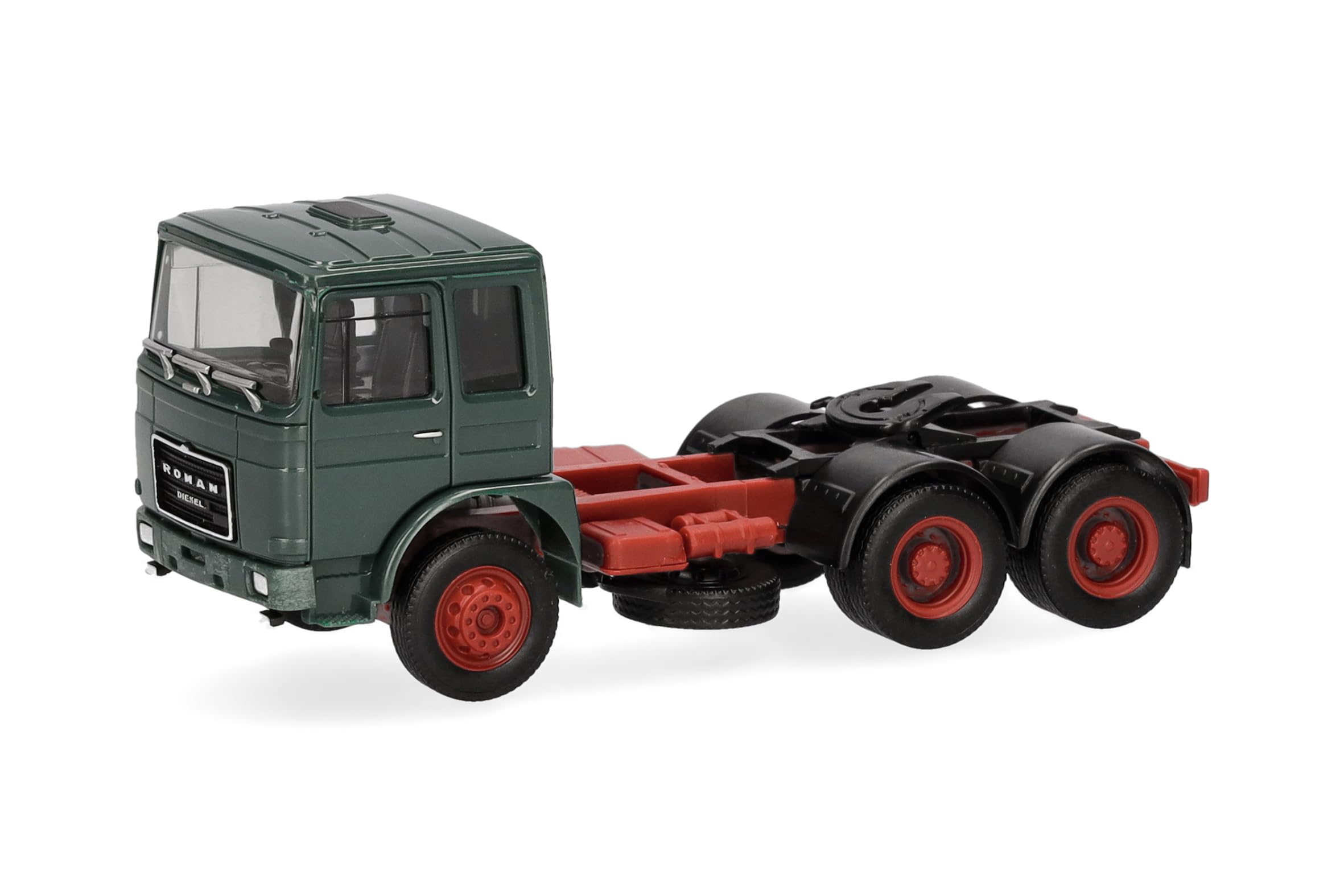 Herpa Truck model Roman Diesel tractor 3-axle (6x4), moss green, miniature scale 1:87, collectible, Made in Germany, plastic