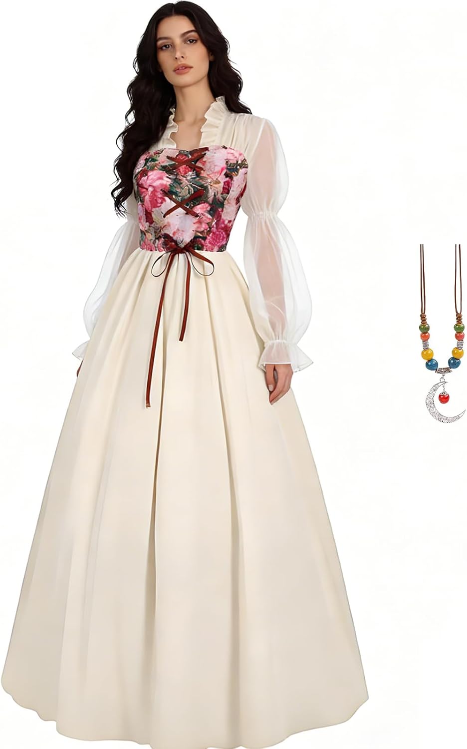 Women Renaissance Corset Dress Victorian Medieval Costume Floral Fairy Dresses Vintage Gown with Necklace
