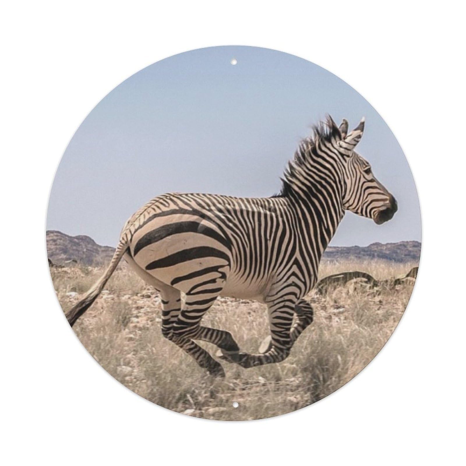 Wildlife Running Zebra Vintage Metal Tin Sign Plaque Wall Decor for Cafe, Club, Garden Round Metal Poster 8x8Inch