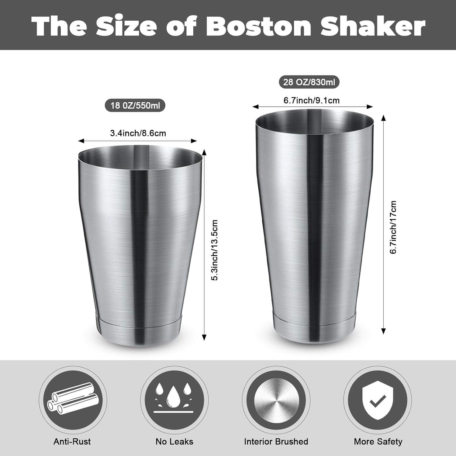Lallisa 10 Pieces Cocktail Shakers Professional Bar Boston Shaker Set Stainless Steel Martini Shaker Drink Mixer Basic Tools Weighted Shake Metal Can for Bartenders, 18 Oz, 28 oz(Sanding Silver) - Image 2