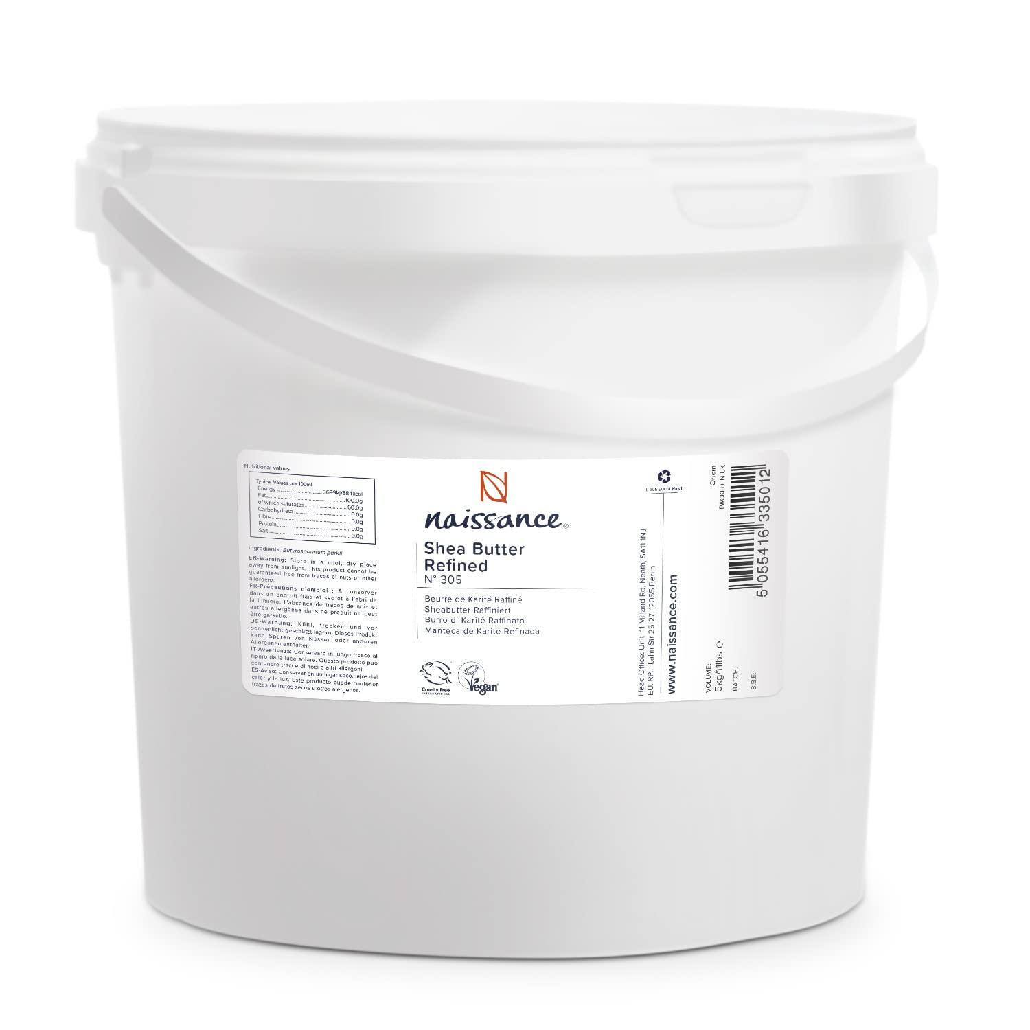 Naissance Burro di Karitè Raffinato (No. 305) - 5kg - Naturale e Vegano - per Cosmetico, Riparatore Idratante per Labbra, Pelle, Corpo, Capelli