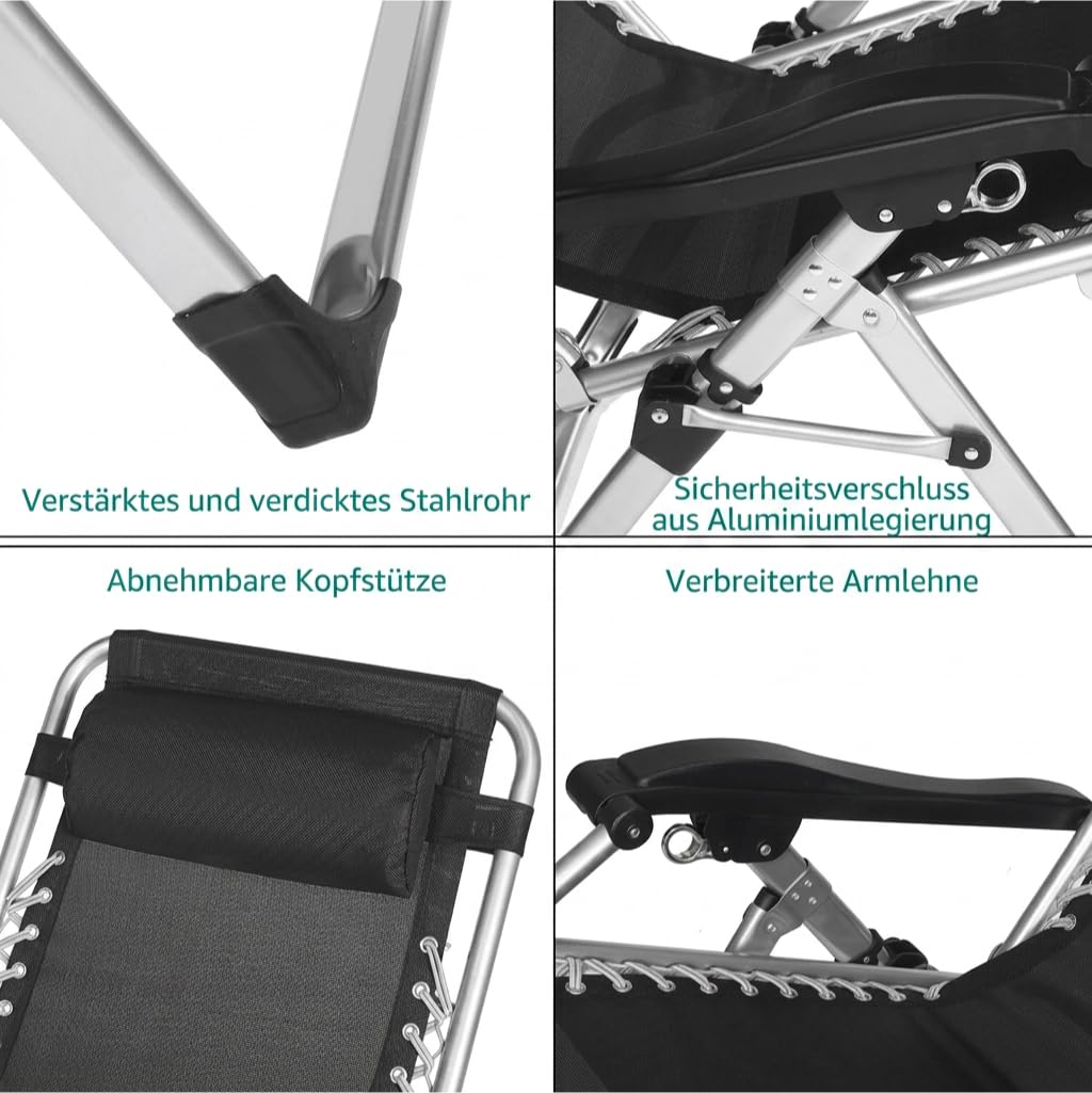 Zero Gravity Liegestuhl, Sonnenliege Klappbar mit Klapptaschen, Outdoor Sessel für Balkon oder Garten für Patio-Pool-Camping-Strand, Gartenliege Mit Tassenhalter & Kissen (Schwarz 1 Stück)