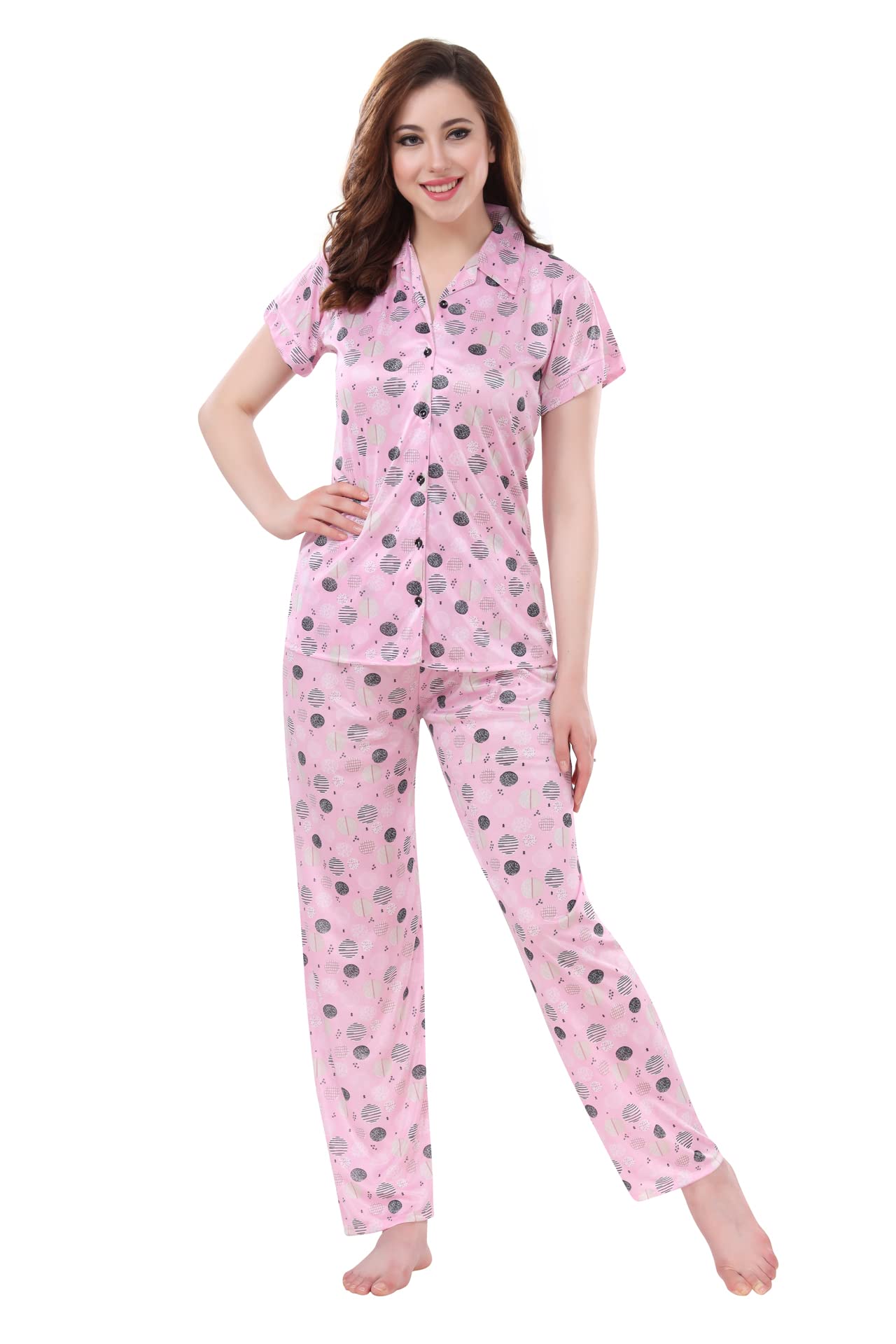 Women Satin Short Sleeve Top And Pajama Set 2297