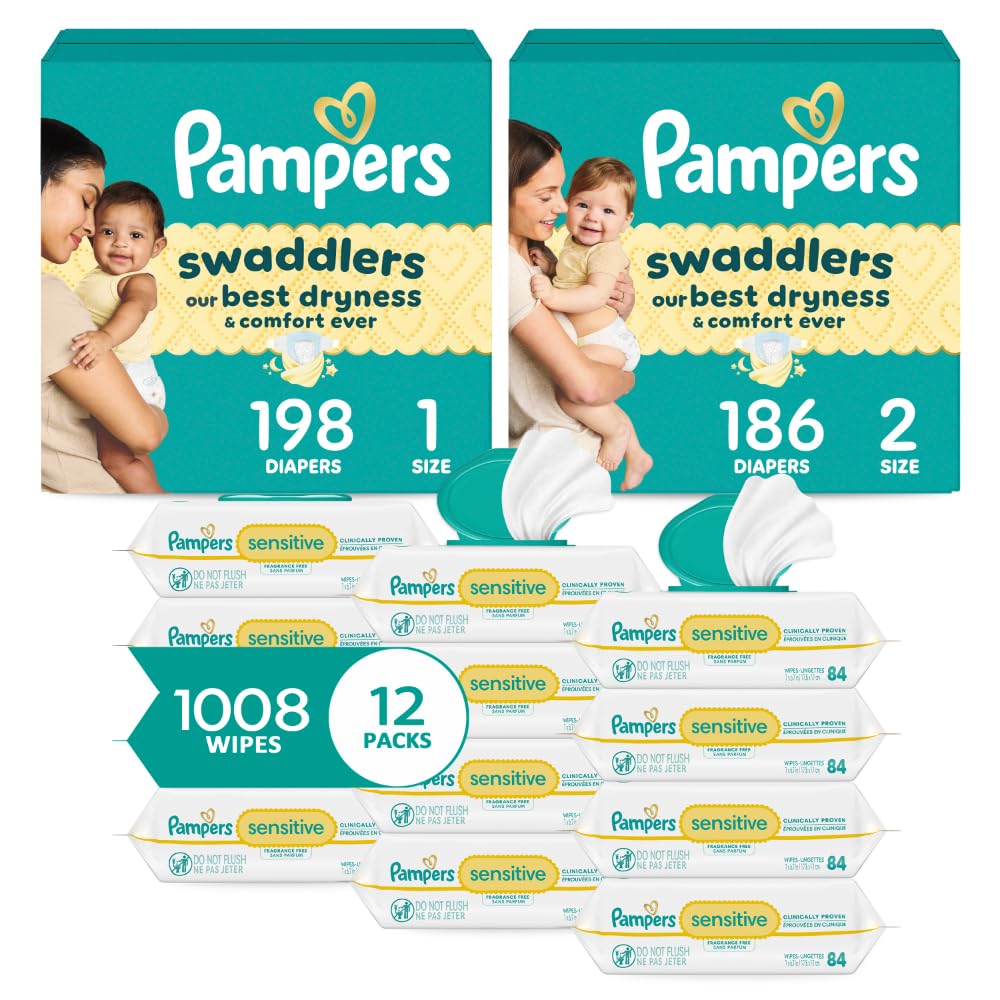 Baby Diapers and Wipes Starter Kit, Swaddlers Disposable Sizes 1 (198 Count) & 2 (186 Count) with Sensitive Water Based 12X Multi Pack Pop-Top Refill (1008 Count)