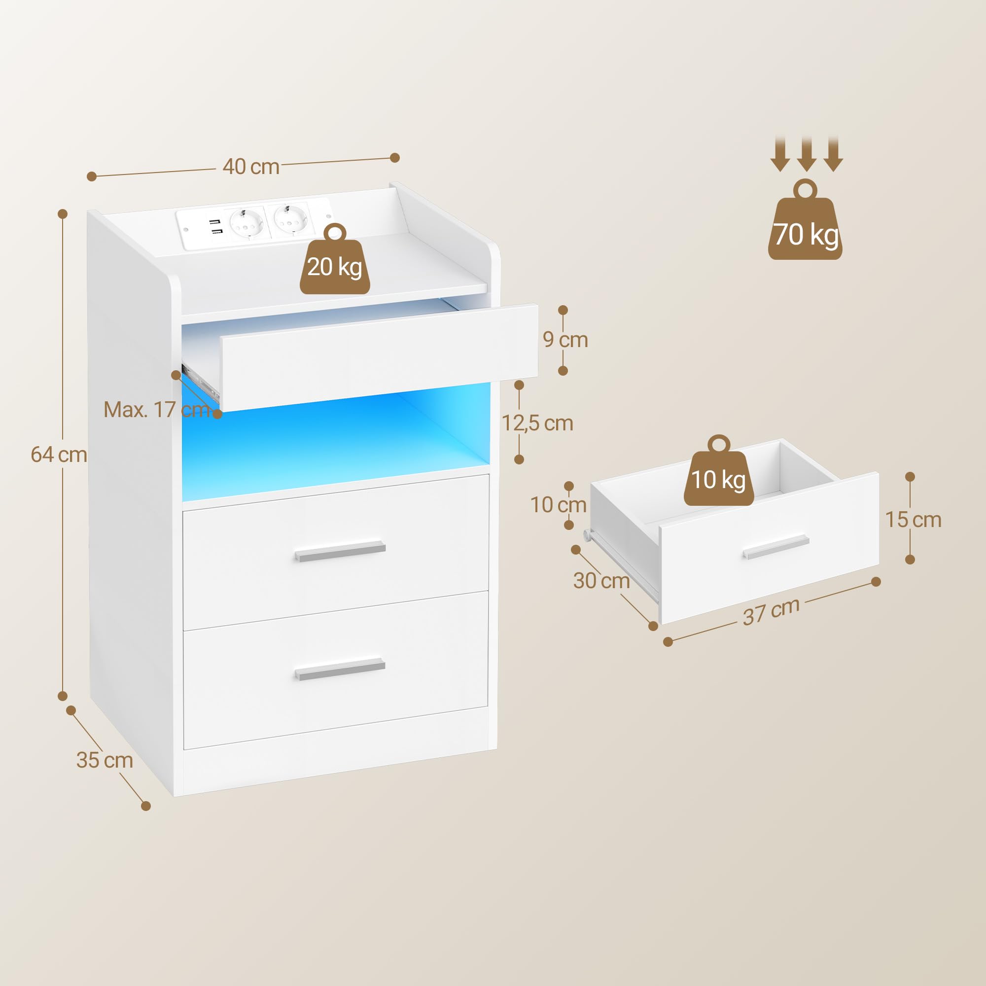 Hzuaneri Comodino Set di 2, Comodini Camera da Letto con Luce LED e Stazione di Ricarica, 2 Cassetti, Tavolino con vassoio, 35 x 40 x 60 cm, Soggiorno, Bianco NS33603XEU
