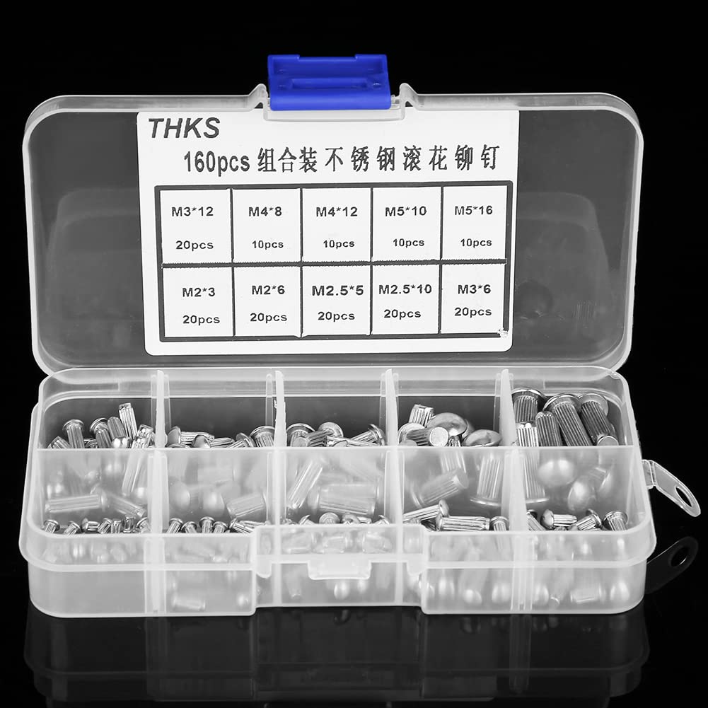 160pcs M2-M5 Rivetti solidi Kit Acciaio inossidabile Testa tonda Zigrinato zigrino Set completo di rivetti con contenitore