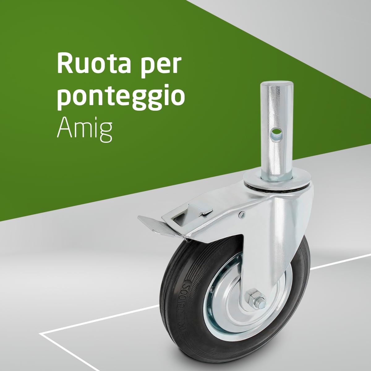 Amig - Ruota da Andamio Femmina con Freno - Ø200 mm - Nucleo Metallico e Banda in Gomma - Cuscinetti a Rulli - Supporta 200 kg - Ideale per Andamio e Pavimenti Interni/Esterni - Ruote Girevoli
