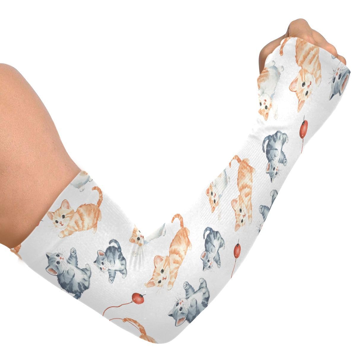 ALAZA Cat Kitten Play Gardening Sleeves Cooling Arm Sleeves Sun Protection Thumb Hole Arm Covers for Women Men