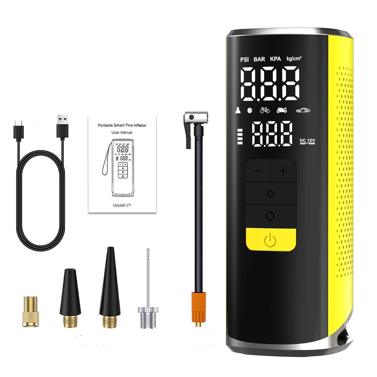 Inflador Neumáticos Recargable 12V Portátil, Compresor Digital Apagado Automático Luz LED SOS Power Bank para Coche Moto Bicicleta,Amarillo