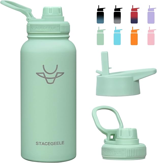 STACEGEELE 32oz Insulated Water Bottle with Straw Lid Reusable Leak Proof Stainless Steel Water Bottles Double Wall Vacuum Insulation 24 Hours Cold and 12 Hours Hot Light Green