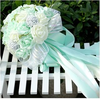Artificial Rose Wedding Bouquet for Bridal and Bridesmaids Satin Ribbons Bridal Hand Flowers Toss Bouquet (Mint Green)
