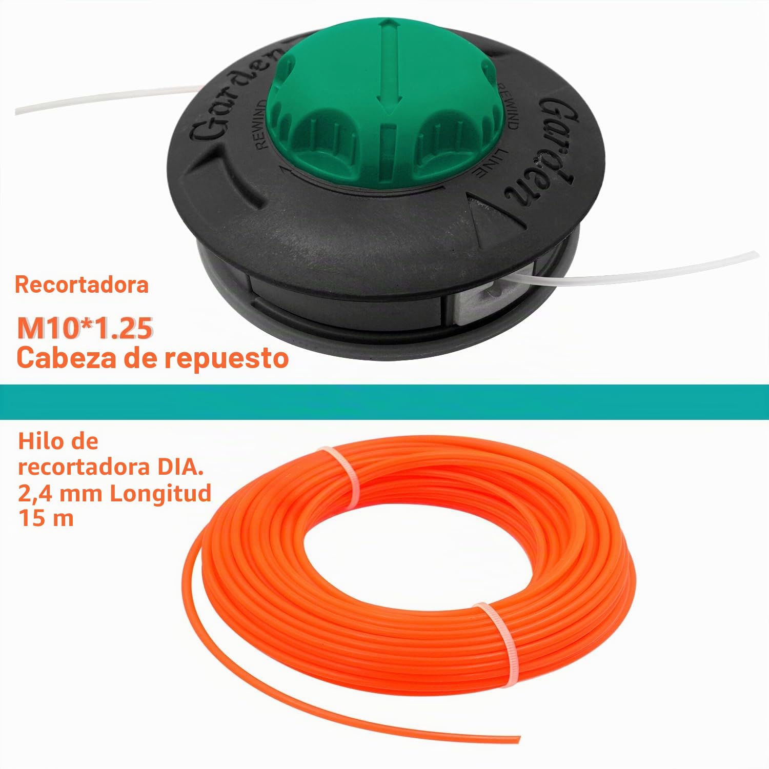 Cabezal de recortadora universal con hilo de 15 m y 2,4 mm, rosca izquierda M10 x 1,25, alimentación automática de línea exterior, carga fácil y alimentación de velocidad de tope