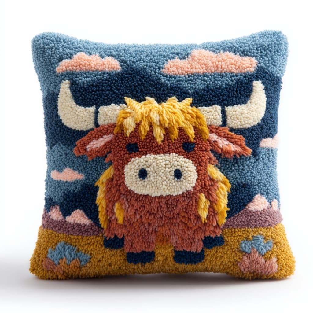 Taxpy Latch Hook Cushion Kits Highland Cattle Pillowcase Kits Embroidery Kit 17X17 Inch DIY Needlework Pillow Cover Sofa Cushion Rug Making