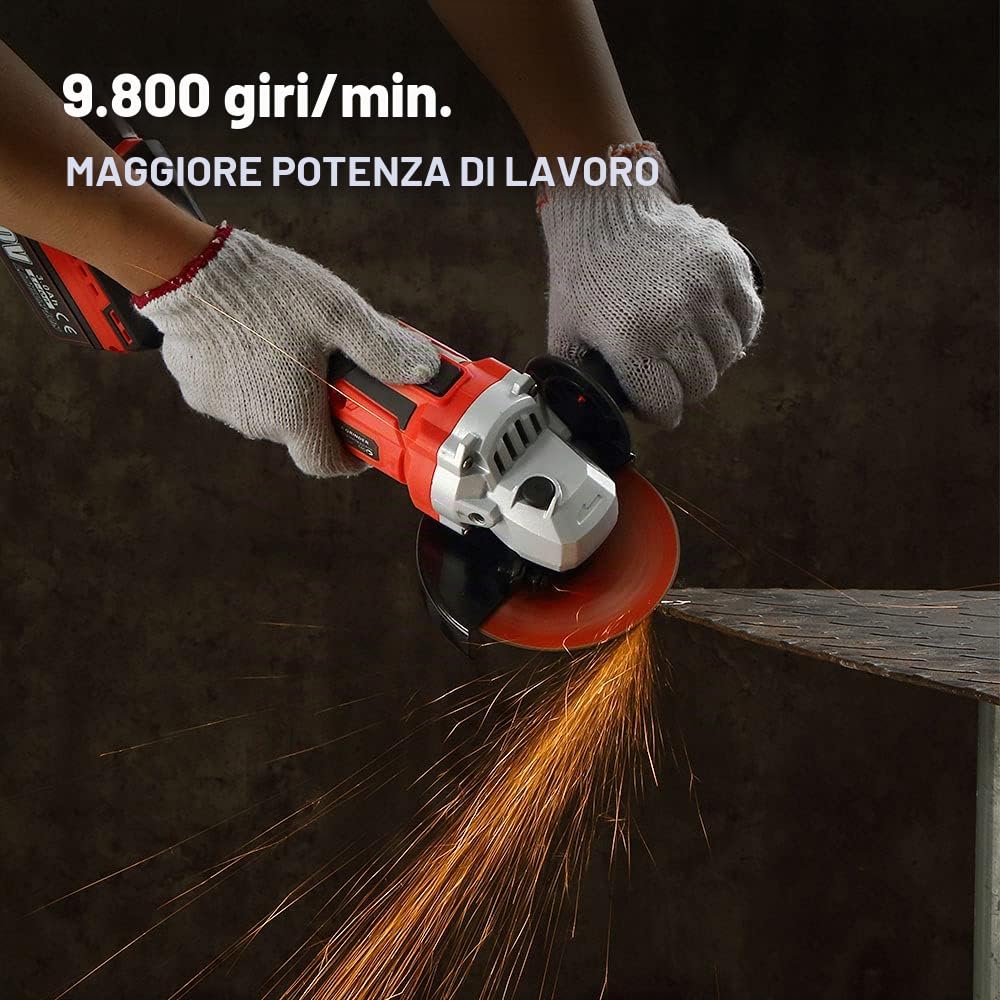TEENO Smerigliatrice angolare a batteria da 125 mm, senza spazzole,2 batterie da 3,0 Ah,smerigliatrice angolare da 9800 giri/min con dischi da taglio