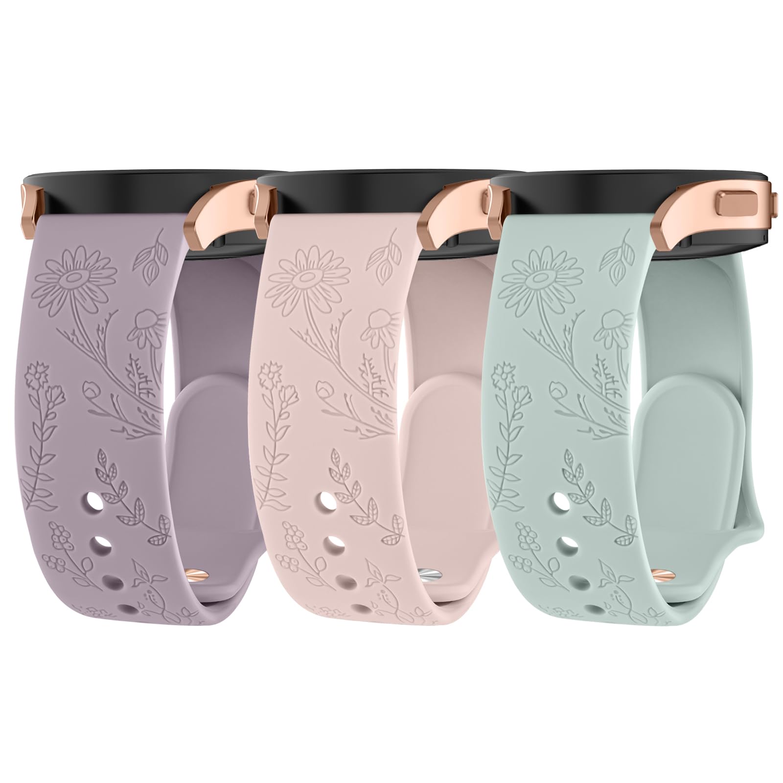 YLK Grabado Correa para Amazfit Active/Amazfit GTR Mini/Amazfit Bip 3/Bip 3 Pro/Bip U Pro Mujer, 20mm Silicona Correa de Repuesto Ajustable para (Y-Verde Claro/Rosa/Morado Taro)