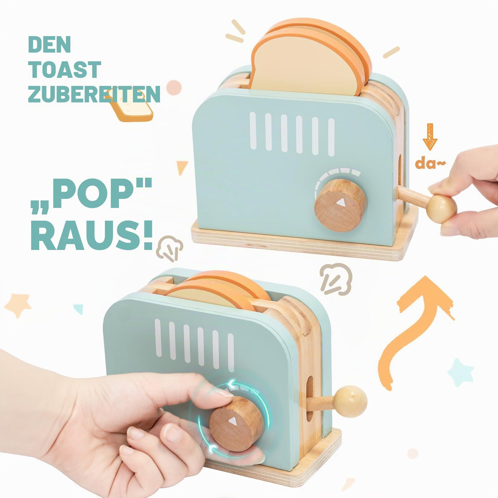 Toaster-Spielzeug-Set aus Holz für Kinder – Simulationsspiel – Pop-up-Toaster mit Brot, Butter, Messer, Ei und Lebensmittelzubehör – Montessori-Küchenspielzeug für Kleinkinder