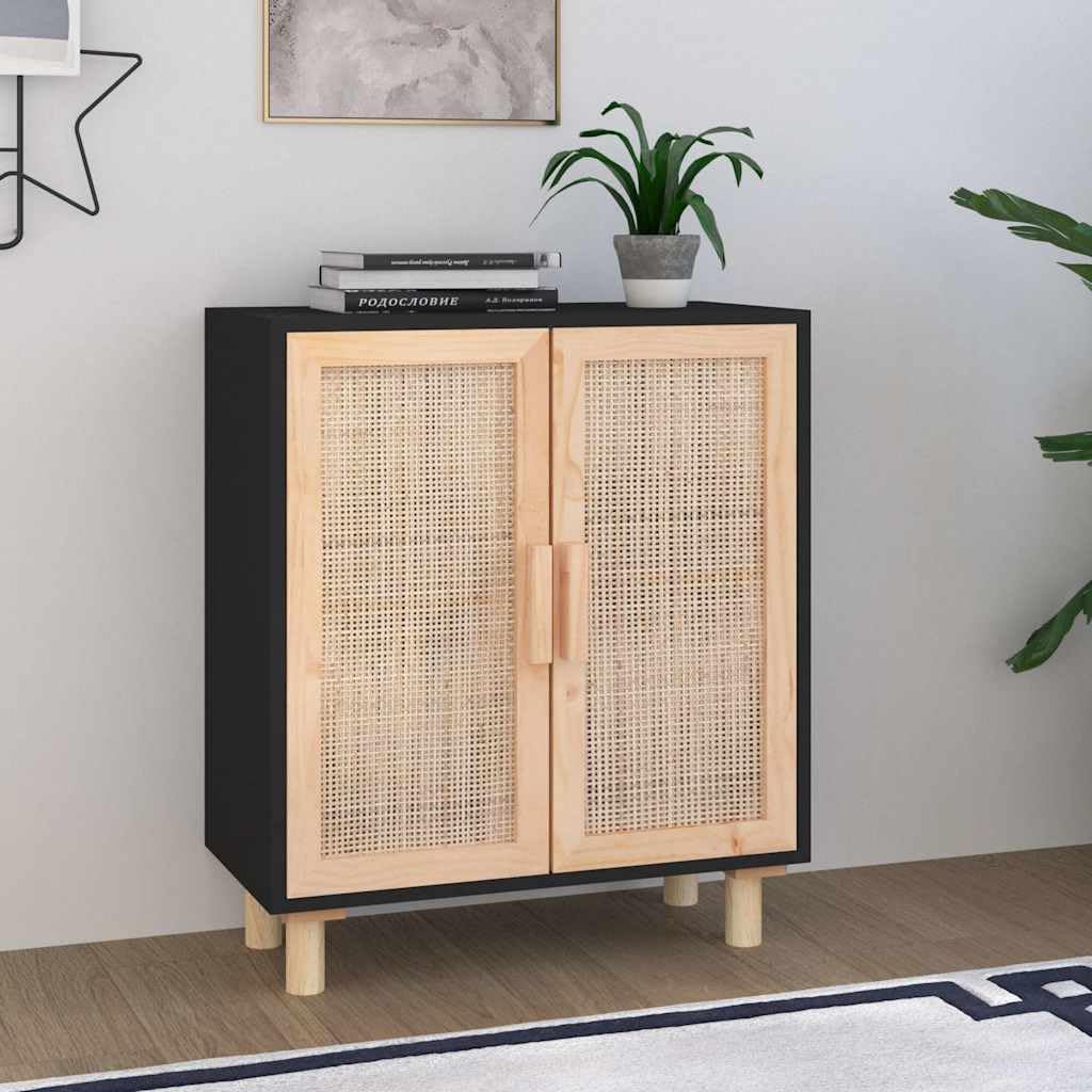 Sideboard Schwarz 60x30x70cm Massivholz Kiefer Natur-Rattan mit viel Stauraum, stabile Oberplatte, platzsparend für Wohnzimmer, Esszimmer, Flur und Büro, inklusive Wandhalterung