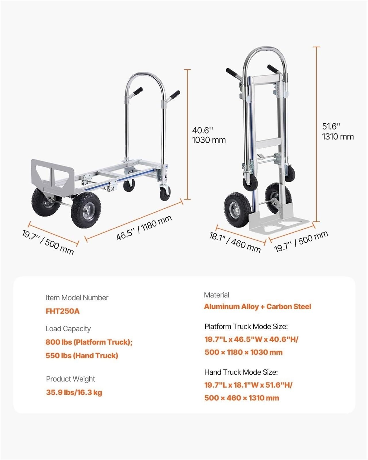 Transportkarre Hubwagen Aluminium-Sackkarre 2 In 1 Hochleistungsindustrieller Faltender Transportwagen Mit Gummirädern Transporthilfe