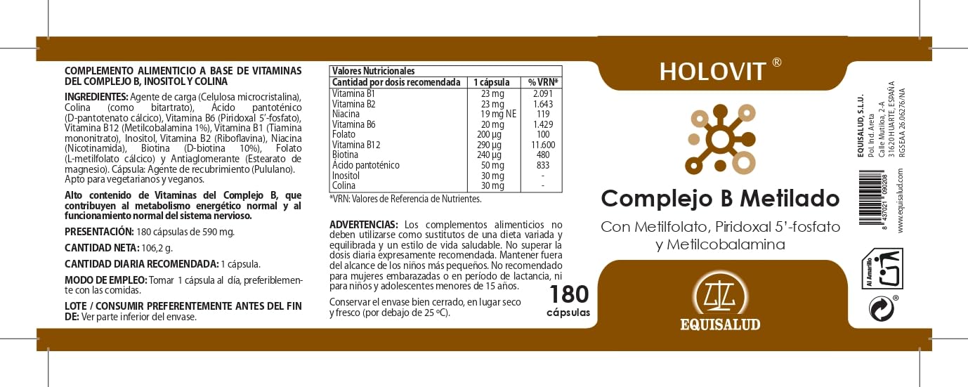Equisalud - Holovit Complejo B Metilado 180 Cápsulas - Vitamina B Complex | Ideal para Apoyar tu Energía Diaria y tu Sistema Nervioso - Con Vitamina B1, B2, B6 y B12 Activas de Alta Absorción