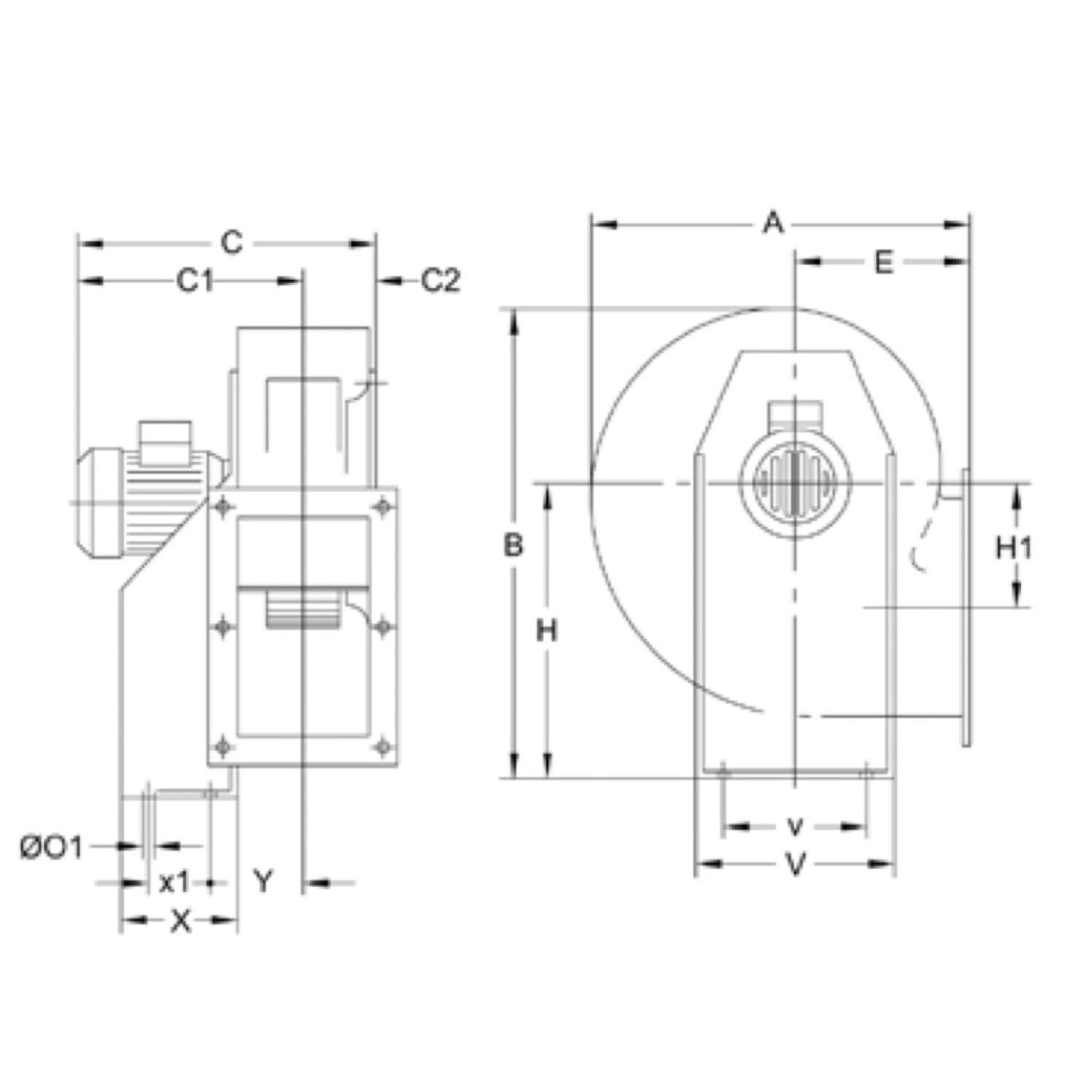 Extractor centrífugo de media presión, modelo CMP-1025-4T/Atex EEXE, turbina de 25 centímetros, 1410 rpm, caudal máximo de 3400 m3/h, 42,7 x 45,6 x 50,3 centímetros (Referencia: 1029583)