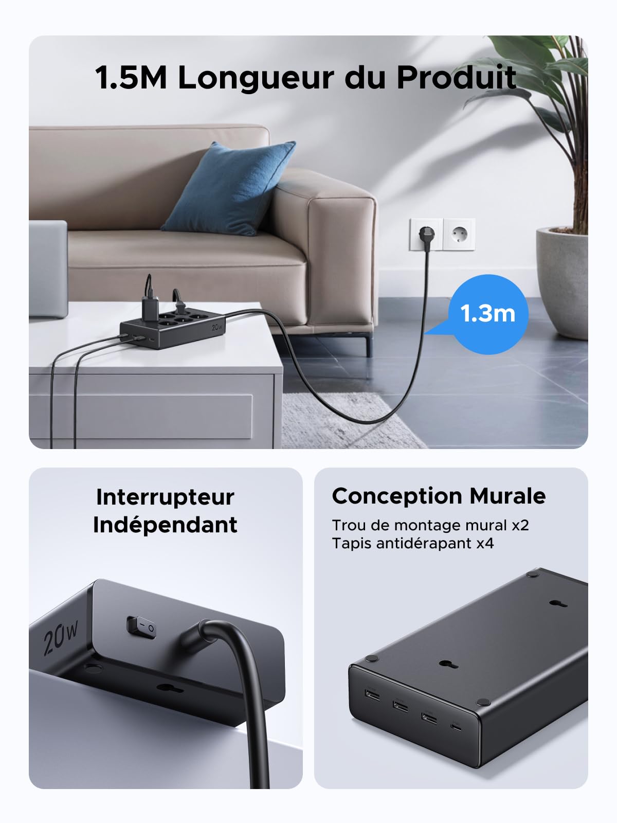 UGREEN 10 en 1 Multiprise avec Interrupteur 3680W 6 Prises AC 4 USB Bloc Electrique Contre Surtension USB C PD 20W Rallonge 1.5M Bureau Maison Noir Compatible avec iPhone 17 16 Galaxy S26 S25 MacBook