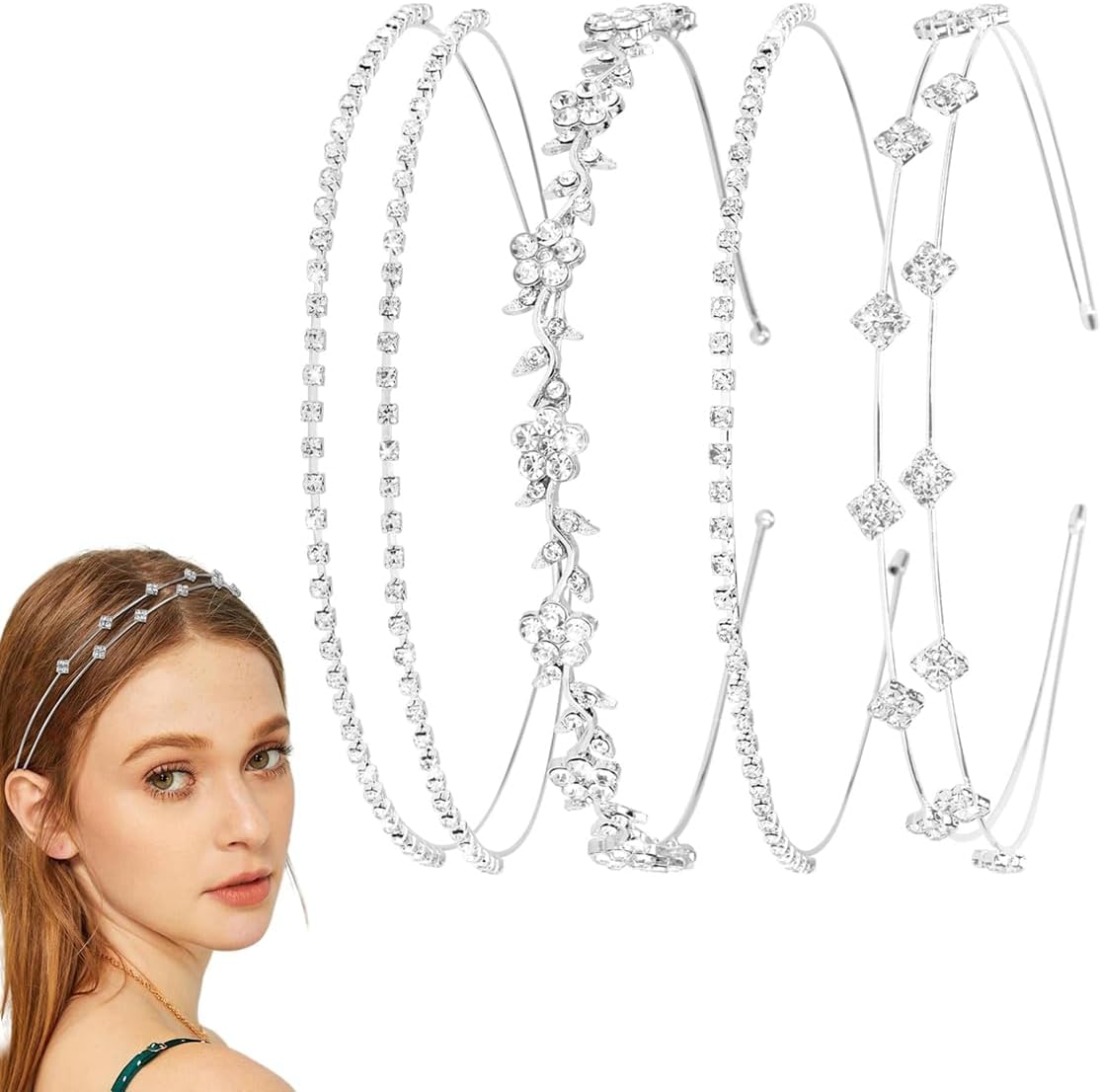 HANNEA® 4Pcs Crystal Hair Bands Fashion Floral Rhinestone Wire Hairbands Stylish Women Headpieces Bridal Wedding Hair Accessories Decorative Sparkly Hair Hoop for Girls Women