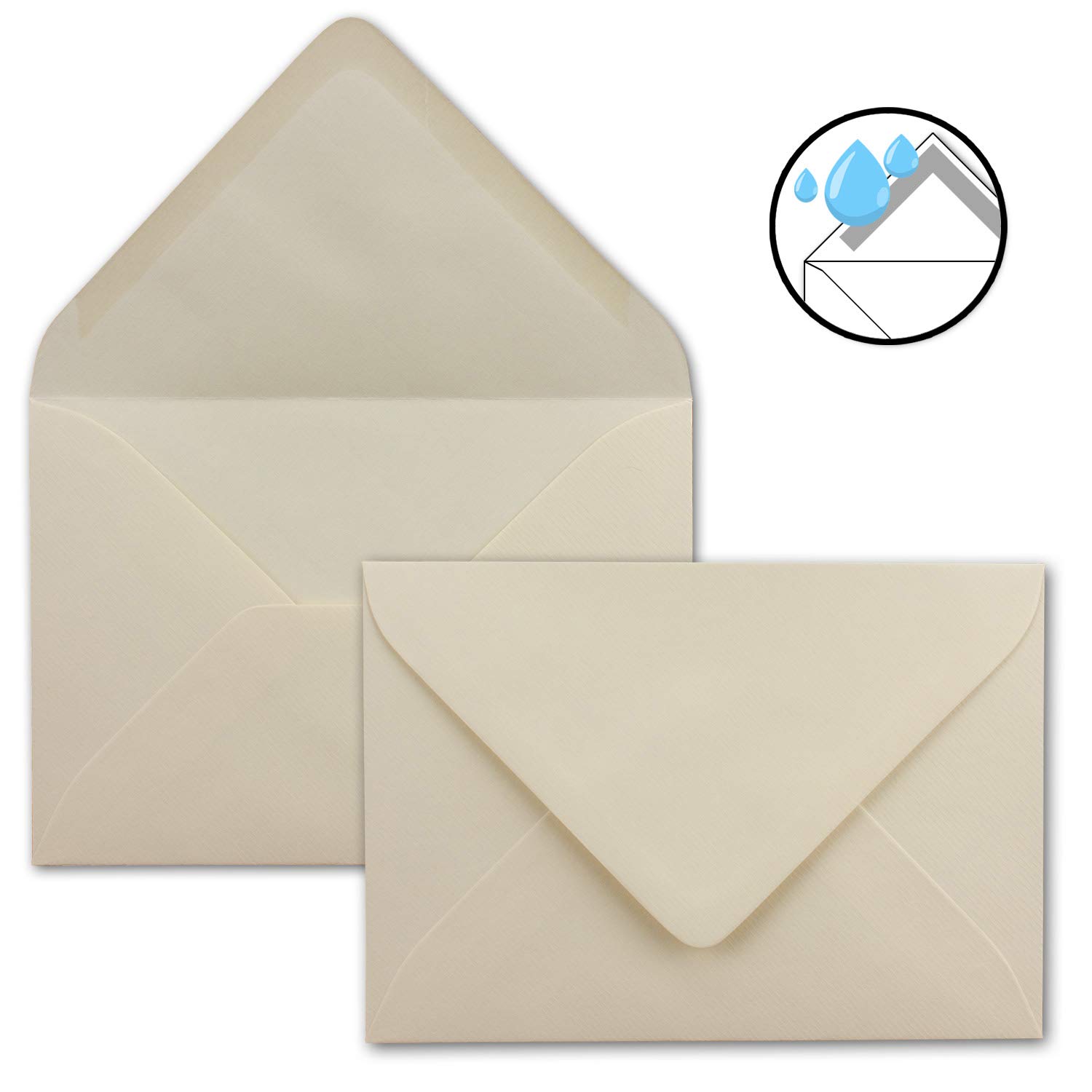 75 x zestaw kart DIN B6 - 12 x 17 cm - 120 x 170 mm - kartki składane z kopertami i wkładanymi kartkami - prążkowana powierzchnia strukturalna - kremowe chamois - zaproszenia w stylu vintage