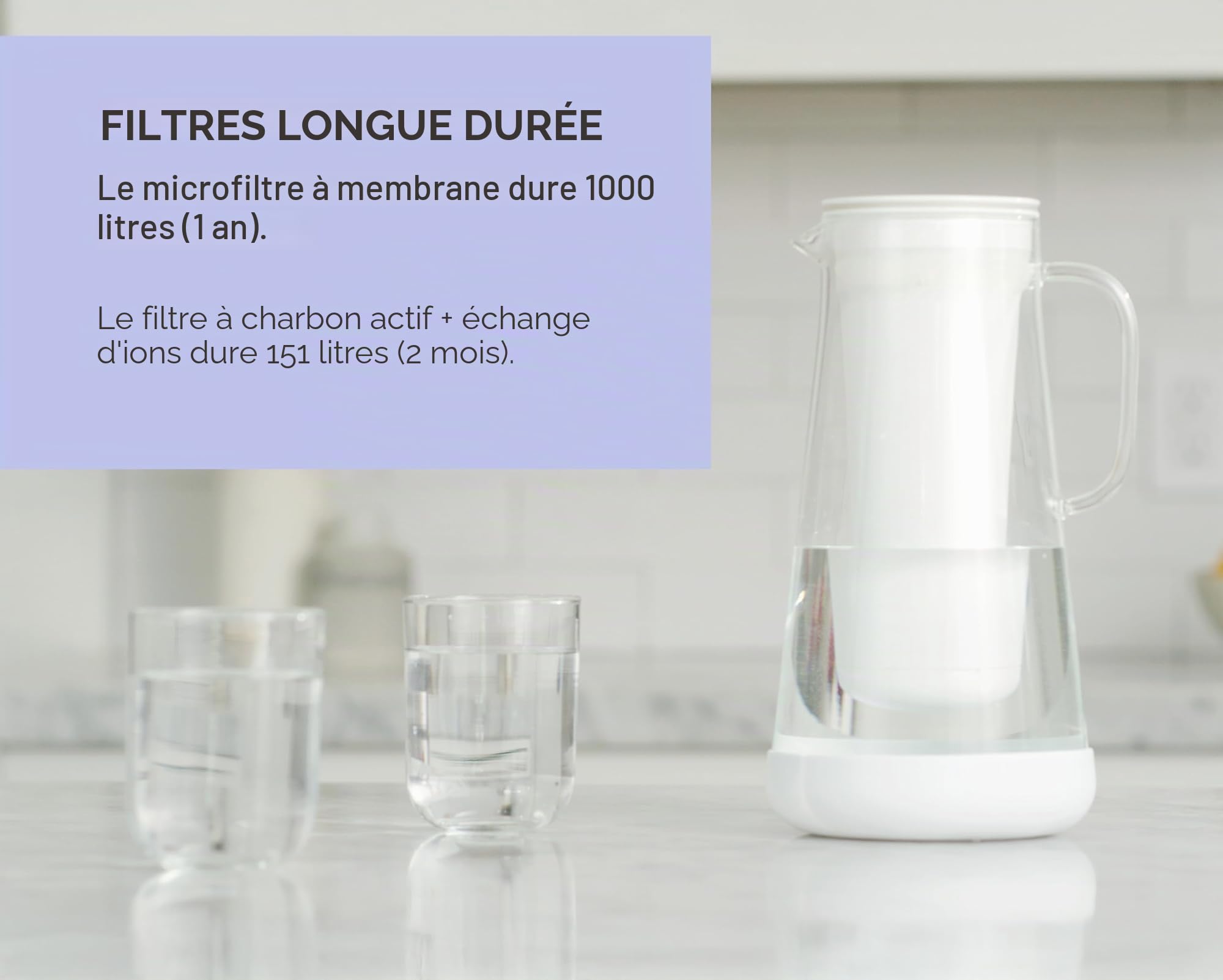 LifeStraw Home Carafe filtrante d'eau en verre avec base en silicone; Protection contre bactéries, parasites, microplastiques, plomb, mercure, PFAS et autres produits chimiques; 1,6 L, White (blanc)