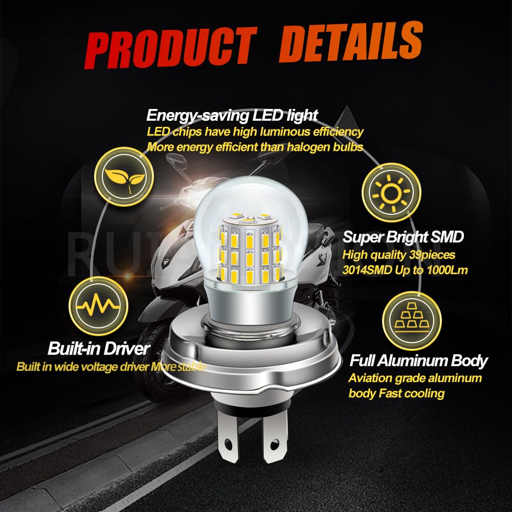 Ruiandsion Ampoule LED P45T H5 R2, 4300K Blanc Chaud 39SMD 3014 1000LM, Non Polaire Feu Route & Croisement 2 en 1, 10-30V Phare Moto VTT Scooter, Lot de 2
