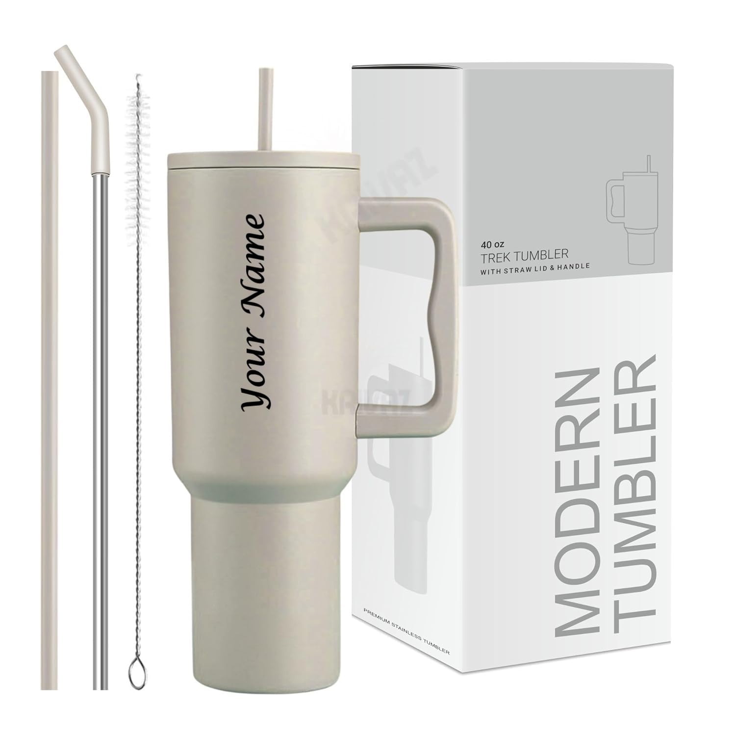 KRIVAZ Stainless Steel Tumbler with Lid & Straw, 100% Leakproof Tumblers with Handle, Sipper for Office,Gym & Outdoors 1200ml Tumbler (Cream Personalized)