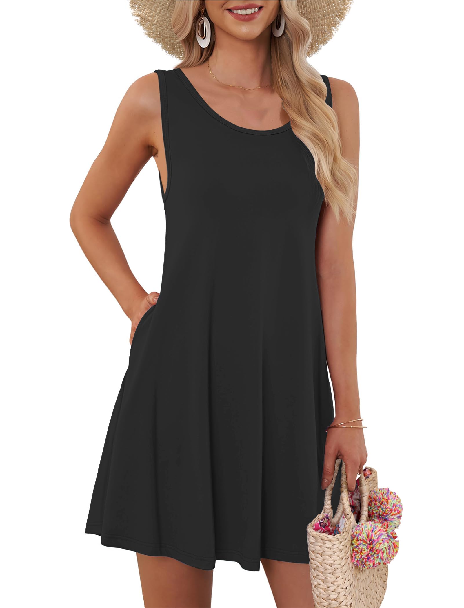 AUSELILY Vestidos de Verano Mujer 2023 Vestidos de Verano para Mujer Casual sin Mangas Plisado Vestido de Mujer con Bolsillo