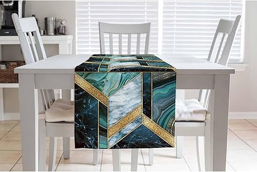 Miniatura 3 de HOSNYE Camino de mesa moderno con mosaico de mármol verde oscuro dorado, camino de mesa de lino de algodón para cocina, mesa familiar, mesa de cena,