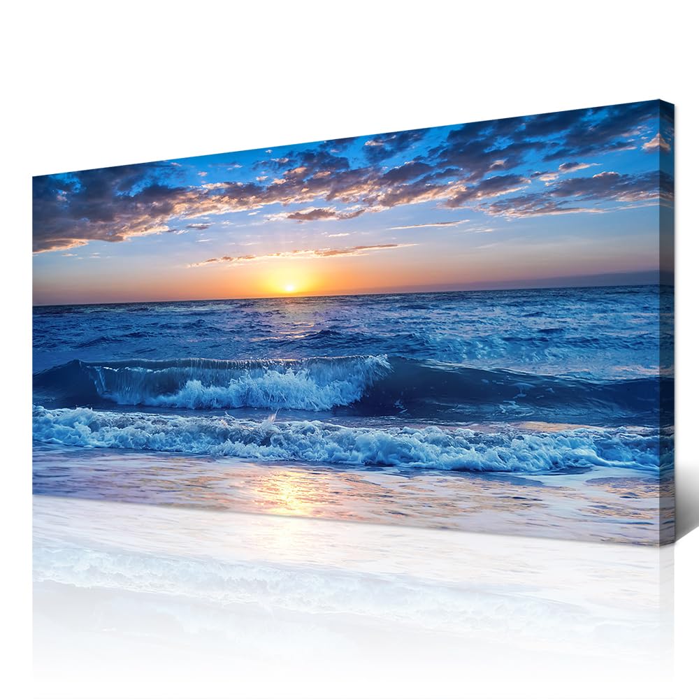 Wapluam Canvas Wall Art For Living Room Modern Wall Decor For Bedroom Ocean Beach Wall Paintings Blue Sea View Wave Wall Pictures Prints Artwork Office Decor Room Aesthetic Home Decoration 20"X 40"