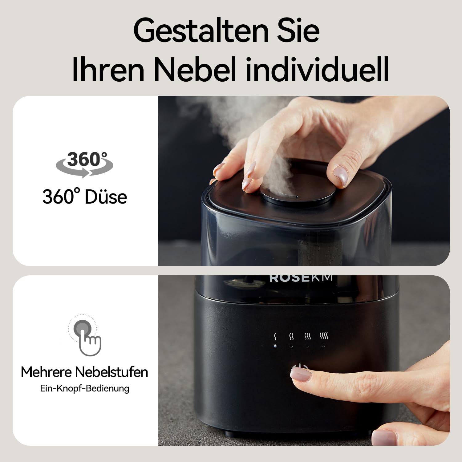 Rosekm Umidificatore Ambiente, 2L Umidificatore Ultrasuoni a Nebbia Fredda, 200ml/h Umidificatore camera da letto Silenzioso per Bambini, Piante e Casa, Bianco