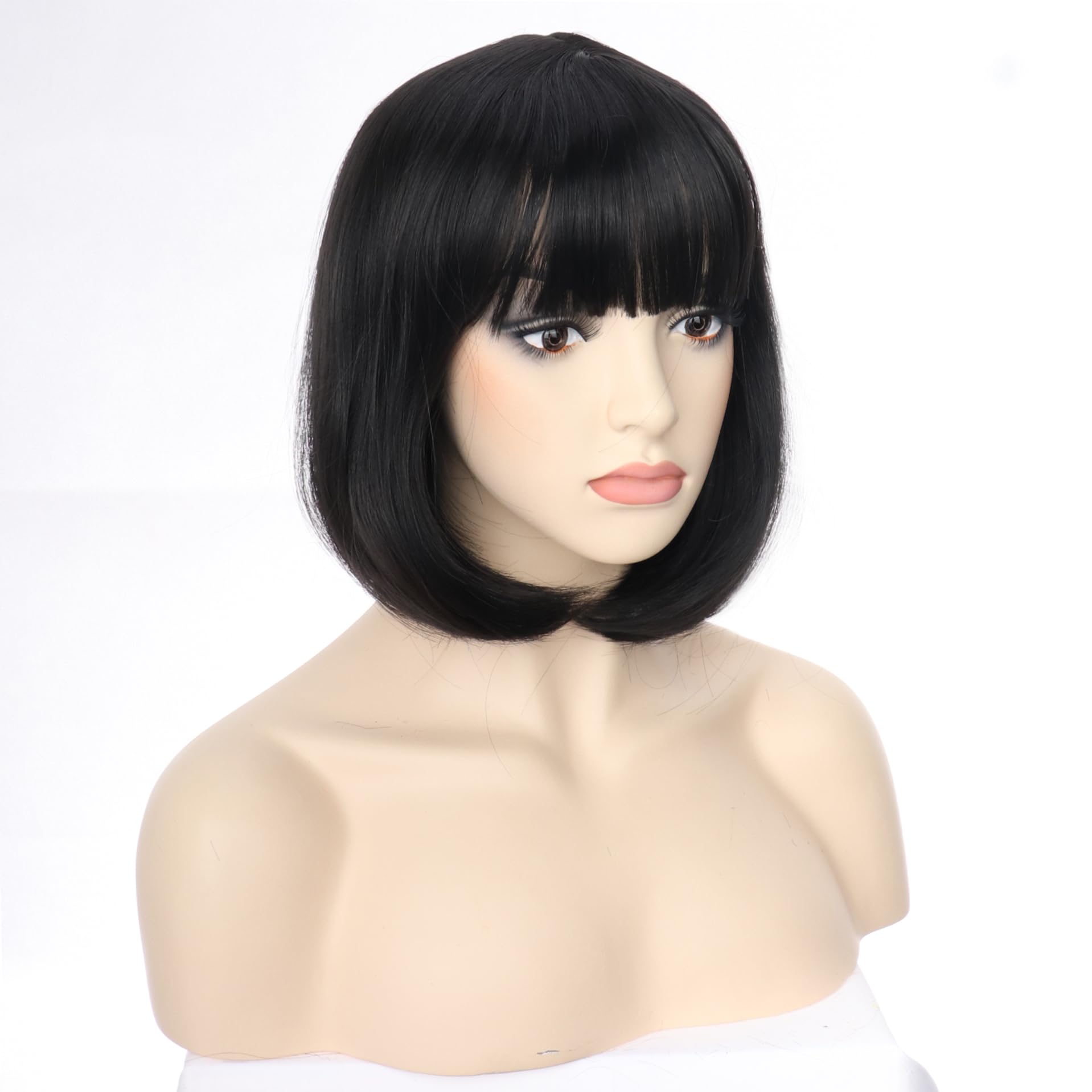 PORSMEER Short Black Bob Wigs with Fringe For Unisex Womens Natural Synthetic Hair Colorful Costume Cosplay Wig for Anime Halloween Fancy Dress Party+Wig Cap - Image 3
