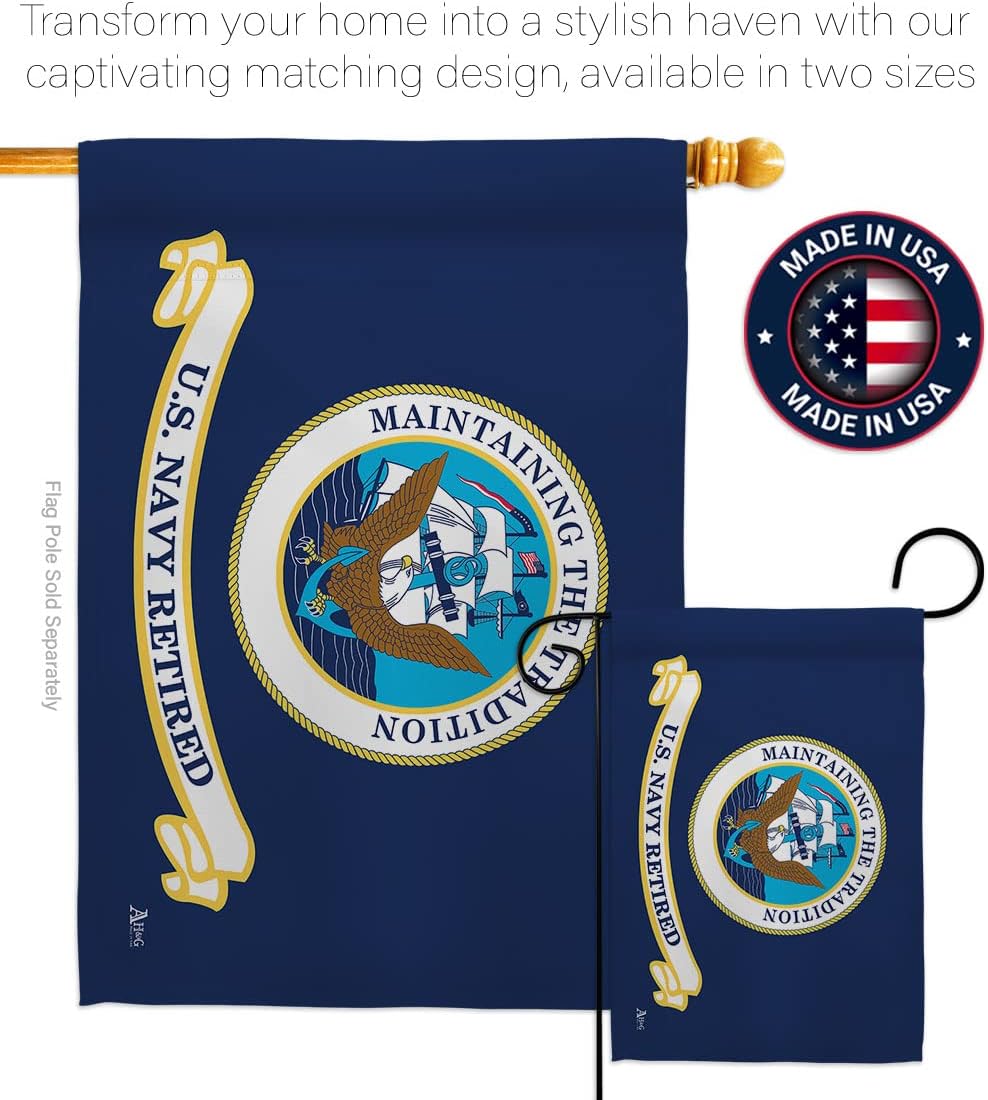 Retired Navy Garden House Flag - Set Armed Forces USN Seabee United State American Military Veteran Retire Official - Decoration Banner Small Yard Gift Double-Sided Made in USA 28 X 40