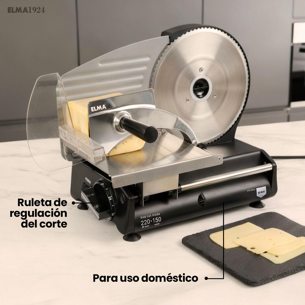 ELMA Cortafiambres Eléctrico CFD220 XL con Dos Cuchillas de Acero Inoxidable Ø220 mm | Cortadora de Fiambre Doméstica Ajustable 0-15 mm, Potente, Segura y Fácil de Limpiar