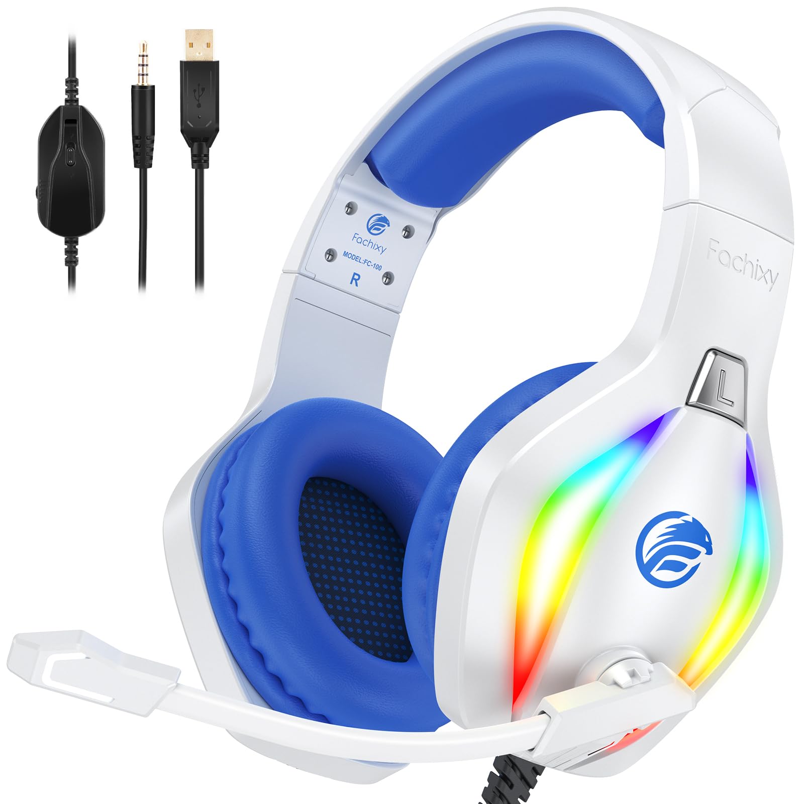Fachixy 2024 Casque de jeu FC100 pour PS4/PS5/PC/Xbox/Nintendo Switch, casque PS4 avec câble et lumière RVB, casque surround stéréo avec microphone, casque antibruit – Blanc/bleu